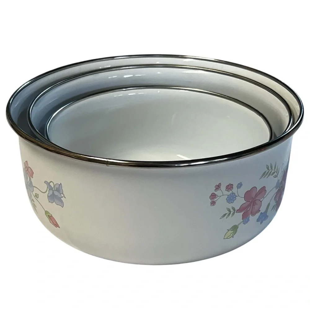 Lincoware Hana Enamelware Nesting Bowls Vintage Pink and Blue Floral Mot…